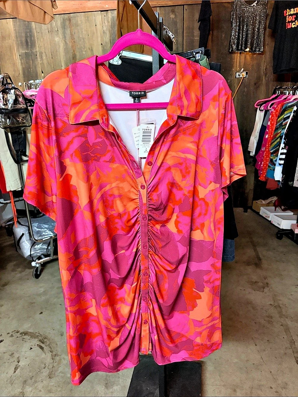 Torrid Studio Knit Shirred Front Button Down Shirt Nasturtium Mini Dress Pink &